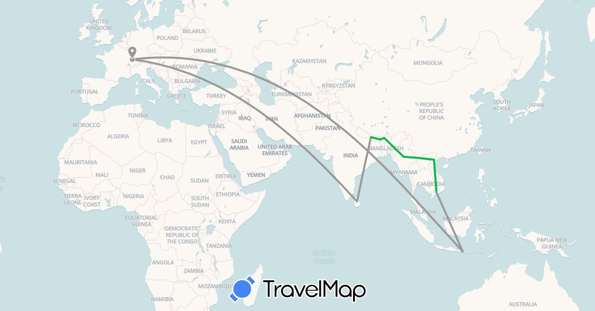 TravelMap itinerary: bus, plane in Bhutan, Switzerland, Indonesia, India, Sri Lanka, Myanmar (Burma), Nepal, Vietnam (Asia, Europe)
